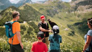 Familie beobachtet den Falkner und den Adler
