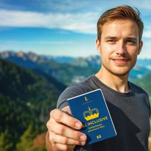 Mann zeigt den ALL INCLUSIVE Erlebnispass mit Bergpanorama im Hintergrund