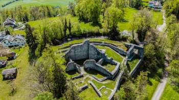 Luftaufnahme der Burgruinen von Schellenberg, umgeben von dichtem Wald und Wiesen