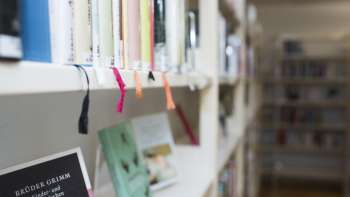 Nahaufnahme eines Bücherregals mit farbigen Lesebändchen in der Landesbibliothek in Vaduz.