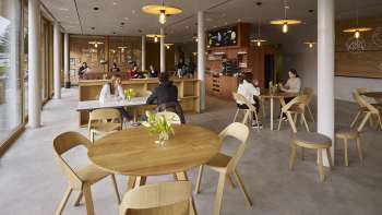 Gemütlicher Speiseraum mit Holzmöbeln in der Jugendherberge Schaan/Vaduz