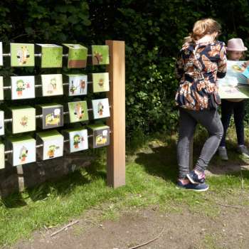  Eine Infotafel mit kindgerechten Illustrationen erklärt spannend den Verlauf der Zeitreise von „Wurz und Zirp“ auf dem familienfreundlichen Themenweg in Liechtenstein.