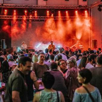 Konzert der Band Baba Shrimps beim FL1.LIFE Festival mit roter Bühnenbeleuchtung und großem Publikum