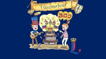 Illustration zur Fürstentour: Kinder feiern mit Torte, Ballons und Flaggen 300 Jahre Liechtenstein.