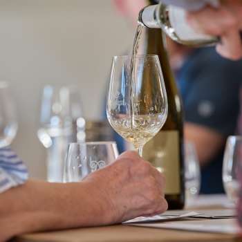 Ein Glas Weißwein wird während einer geführten Verkostung eingeschenkt.
