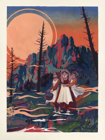 Illustration der Sage „Die drei Schwestern“ mit drei jungen Frauen in Tracht vor dramatischer Bergkulisse im Abendrot – Liechtensteiner Legendenwelt