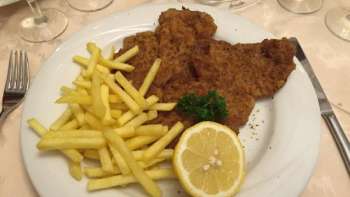 Nahaufnahme eines Schnitzel mit Pommes und Zitrone im Restaurant Forum