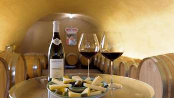 Käse und Wein auf einem Tisch bei einer Weindegustation in der Hofkellerei des Fürsten von Liechtenstein