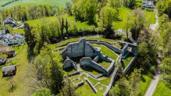 Luftaufnahme der Burgruinen von Schellenberg, umgeben von dichtem Wald und Wiesen