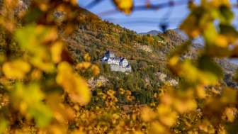 Blick auf Schloss Vaduz in Liechtenstein im Herbst, eingerahmt von goldgelben Blättern und herbstlicher Naturkulisse.