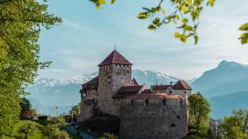Malerischer Blick auf das Schloss Vaduz, eingebettet in grüne Hügel und Wälder.
