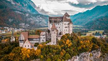 Blick auf die Burg Gutenberg mit gelben Blumen im Vordergrund und blauem Himmel im Hintergrund
