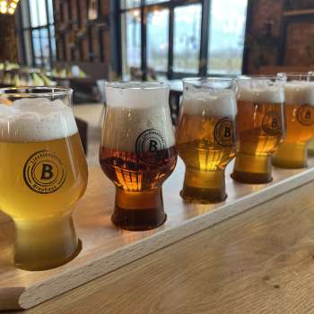 Verschiedene Biersorten in einem Verkostungsset auf einem Holztisch – von hellem bis dunklem Bier, serviert in stilvollen Gläsern in der Liechtensteiner Braustube