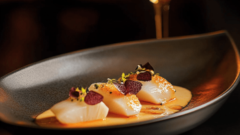 Kunstvoll angerichtetes Gericht auf schwarzem Teller