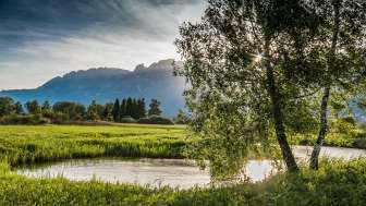 Sonnenuntergang im Ruggeller Riet Stimmungsvolles Abendlicht über dem Ruggeller Riet mit Flusslauf, Bäumen und Blick auf das Gebirge im Hintergrund.