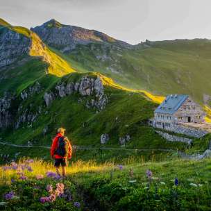 Wanderer blickt auf die Pfälzerhütte in Liechtenstein, umgeben von grüner Berglandschaft und Alpenpanorama bei Abendlicht