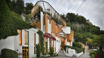 Außenansicht des Centrum für Kunst in Vaduz mit markanter Architektur, bewachsen mit Efeu, vor bewaldetem Hang.