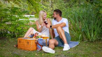 Paar geniesst ein romantisches Picknick im Grünen mit regionalen Köstlichkeiten