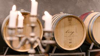 Stimmungsvolle Aufnahme im Weinkeller des Weinguts Hoop mit beschrifteten Barriquefässern und Kerzenlicht.