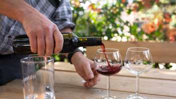 Ein Glas Rotwein wird aus einer Flasche in ein Weinglas gegossen, im Hintergrund blühende Pflanzen.