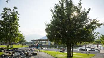 Sonniger Spazierweg mit schattenspendenden Bäumen und Blick auf das Wasser in der Freizeitanlage Grossabünt in Ruggell.