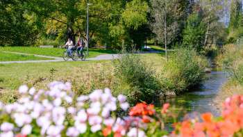 Radfahrer genießen das sonnige Wetter entlang des mit Blumen gesäumten Ufers im Naturpark Haberfeld.