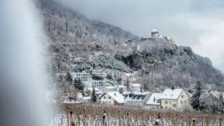 Verschneite Weinberge und Häuser in Vaduz mit Blick auf das Schloss Vaduz an einem winterlichen Tag