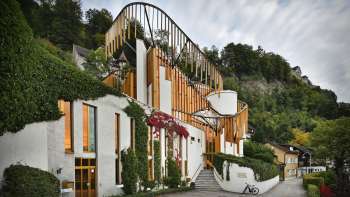 Außenansicht des Centrum für Kunst in Vaduz mit markanter Architektur, bewachsen mit Efeu, vor bewaldetem Hang.