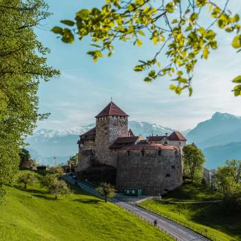Malerischer Blick auf das Schloss Vaduz, eingebettet in grüne Hügel und Wälder.