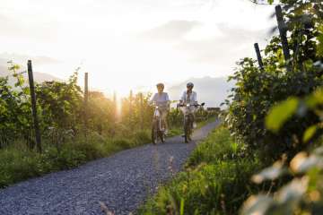 Zwei Frauen radeln im Sonnenuntergang durch die Reben in Liechtenstein – Naturgenuss und Aktivurlaub in der Dämmerung