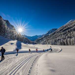 Langläufer geniessen die frisch präparierte Loipe bei strahlendem Sonnenschein in Steg, Liechtenstein.