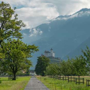 Weitblick von der Burg Gutenberg auf das Tal und die umliegenden Berge bei klarem Wetter.