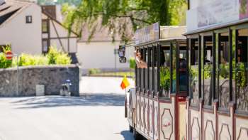 Aufnahme von der Seite die den CityTrain zeigt an einem sonnigen Tag in Liechtenstein