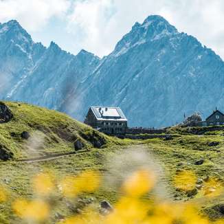 Fernblick auf die Pfälzerhütte in Liechtenstein mit wilden Blumen im Vordergrund und steilen Felsgipfeln im Hintergrund