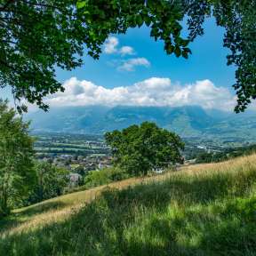 Panoramablick vom Unterländer Höhenweg über das Rheintal in Liechtenstein an einem sonnigen Sommertag