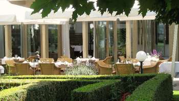 Sonnige Gartenterrasse des Restaurants Vivid mit gedeckten Tischen und Blick ins Grüne