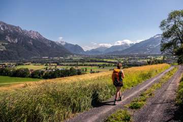 Frau wandert auf einem Feldweg mit Panorama-Aussicht über das Rheintal in Liechtenstein