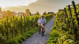 Zwei Radfahrerinnen in den Weinbergen von Liechtenstein bei Sonnenuntergang – E-Bike-Tour mit Blick auf die Alpen und Reben