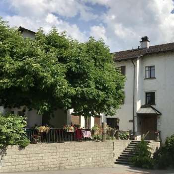 Seitliche Ansicht des Restaurant Gasthaus Krone ein weisses Haus mit Bäumen davor