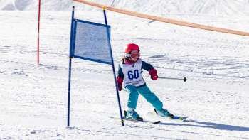 Kleines Kind mit Startnummer fährt konzentriert beim Kinderskirennen im malbi-park durch die Tore