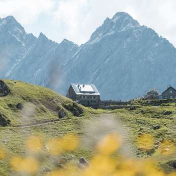 Pfälzerhütte mit Bergkulisse im Hintergrund und Blumen im Vordergrund.