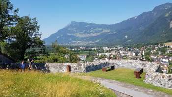 Spazierweg durch eine Baumallee mit Sicht auf die Burg Gutenberg und die Alpenkulisse im Hintergrund